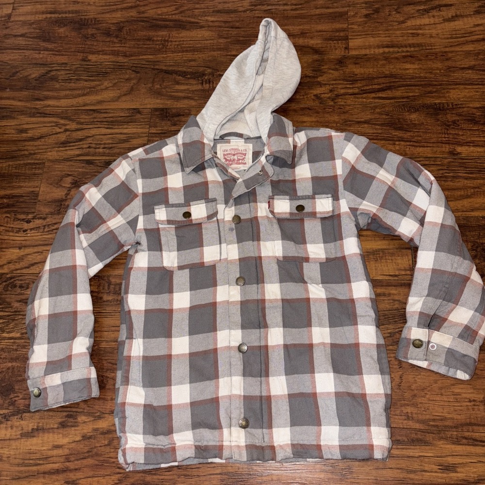 LEVIS PLAID FLANNEL SHERPA LINED HOODED JACKET ZIP & BUTTON Youth 10-12